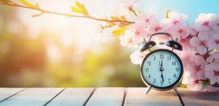 An alarm clock sits amidst delicate pink cherry blossoms, symbolizing the arrival of spring and new...