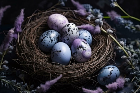 Pastel speckled eggs in a rustic nest, surrounded by lavender. A beautiful Easter still life.の写真素材