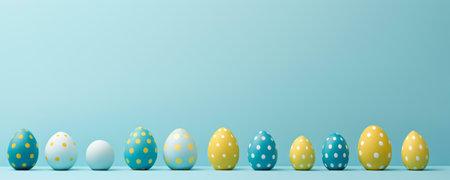Row of pastel colored decorated Easter eggs against a light blue background.の写真素材