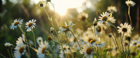 Daisies bathed in the warm golden light of sunset, a serene summer meadow scene.の写真素材