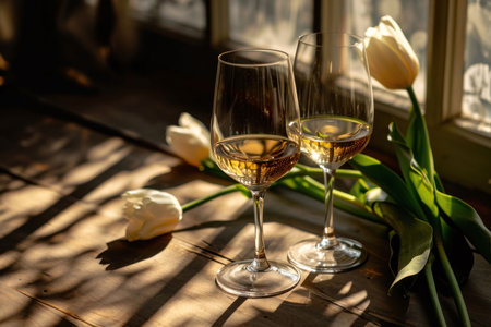 Two glasses of white wine sit on a wooden table, bathed in sunlight. Tulips add a touch of spring.