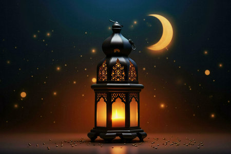 A beautiful ornate lantern with a flickering candle inside, illuminated against a background of a...