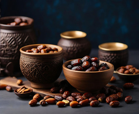 A bowl filled with dates sits on a table with intricately other pottery pieces, creating a still life composition.の写真素材