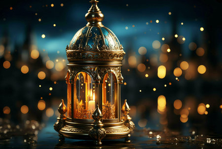 A beautifully crafted golden lantern with a lit candle inside, creating a warm glow against a dark...
