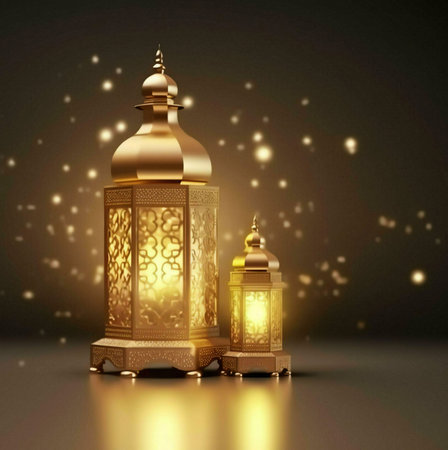 Two golden lanterns with intricate designs, illuminated from within, against a dark background with...