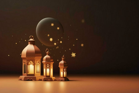 Three glowing lanterns with intricate patterns on a dark background with a crescent moon and twinkling stars, representing the beauty and spirituality of Ramadan.の写真素材