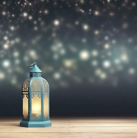 A lit lantern with intricate details, on a wooden surface, against a bokeh background, representing Ramadan and its traditionsの写真素材