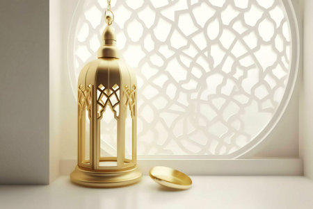 A golden lantern with details intricately against a white background with a white patterned window, perfect for Ramadan decoration.の写真素材