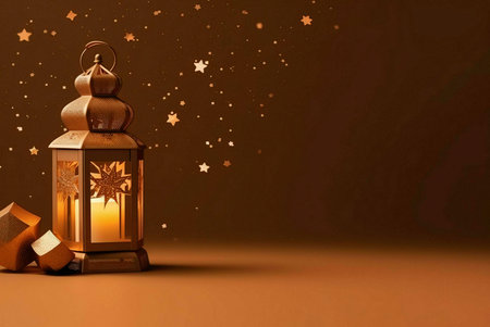 A golden lantern with intricate designs and a lit candle inside, surrounded by a backdrop of...