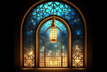 A beautiful golden Ramadan lantern hangs from the ceiling of a mosque, illuminating the intricately...