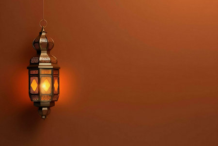 An ornate lantern hangs on a brown background, casting a warm glow. The intricate details of the...