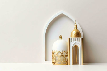 Minimalist Islamic decorations with a white background, including a gold dome ornament and a white frame with an arched design.の写真素材