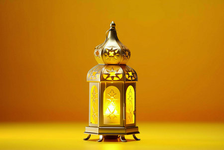 A golden Ramadan lantern with intricate designs and a lit candle inside, against a warm yellow background.の写真素材