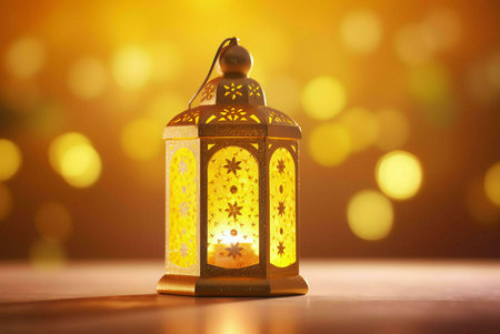 A golden lantern with intricate designs stands alone on a table, its warm glow illuminating the background of soft, out-of-focus lights.の写真素材