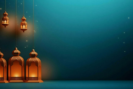 A beautiful image of Islamic lanterns hanging against a teal background. The lanterns are glowing...