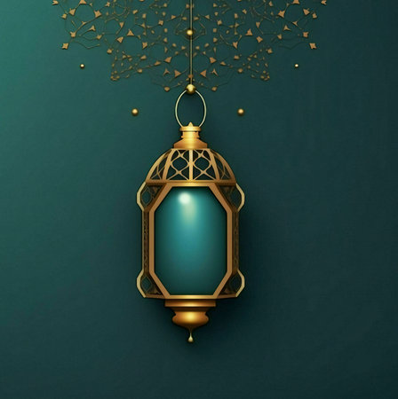 A golden lantern hanging against a teal background, with a subtle pattern at the top, perfect for Ramadan or Eid celebrations.の写真素材