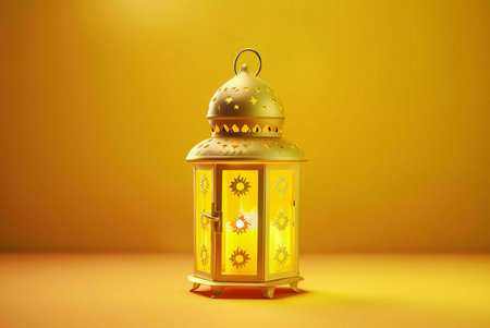 A golden Ramadan lantern with intricate designs illuminated with a warm glow, a symbol of...