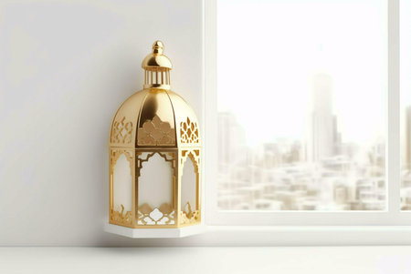 A golden lantern with details stands intricately against a window overlooking a blurred city...