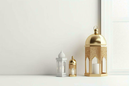 Three lanterns, one white and two gold, on a white surface, against a white wall.