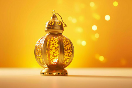 A beautiful golden Ramadan lantern with intricate designs illuminated against a warm yellow background.の写真素材