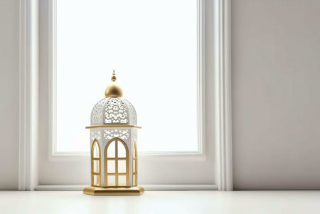 A white lantern with intricate gold detailing sits on a window sill against a white background. The...