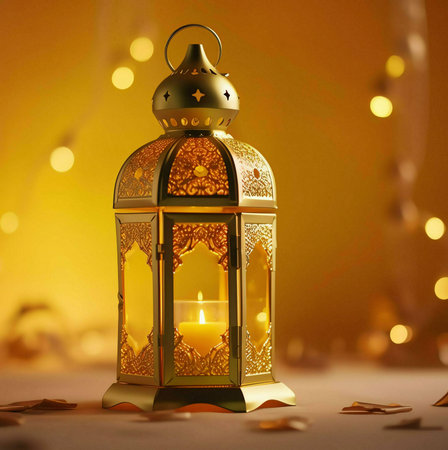 A golden lantern with intricate carvings and a lit candle inside, creating a warm and inviting glow. The lantern is against a soft, blurred background of yellow and white lights, creating a sense of peace and serenity.の写真素材