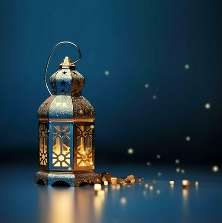 A golden lantern with intricate details and a warm glow, set against a dark blue background. It evokes a sense of peace, celebration, and spirituality.の写真素材