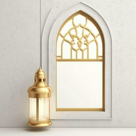 A golden lantern hangs near a traditional arched window, creating a beautiful and serene atmosphereの写真素材