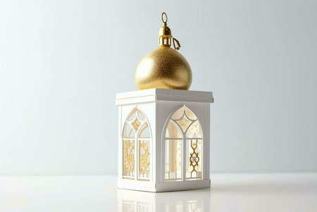 A white lantern with a gold dome, a symbol of Ramadan and Islamic culture.