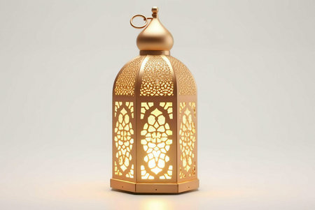 A golden lantern with intricate designs, lit by warm white light. The lantern is a symbol of Ramadan...