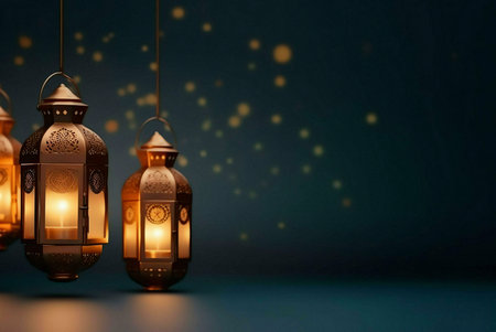 Three golden lanterns hanging against a dark background with bokeh lights, creating a festive and...