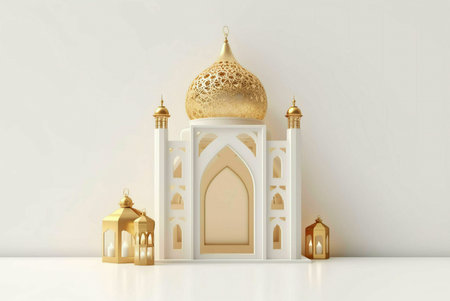 A 3D illustration of a mosque with golden lanterns and a white backgroundの写真素材