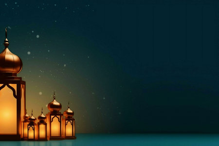 A collection of glowing lanterns, representing the spirit of Ramadan. The golden lanterns are...