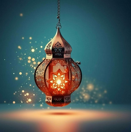 A beautifully ornate lantern hangs with a warm glow, creating a captivating ambiance and celebrating Islamic culture.の写真素材