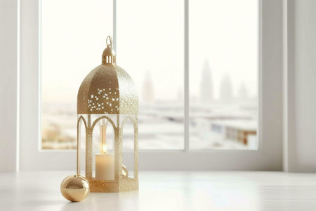 A golden lantern with a lit candle inside is placed on a table near a window. The window is...