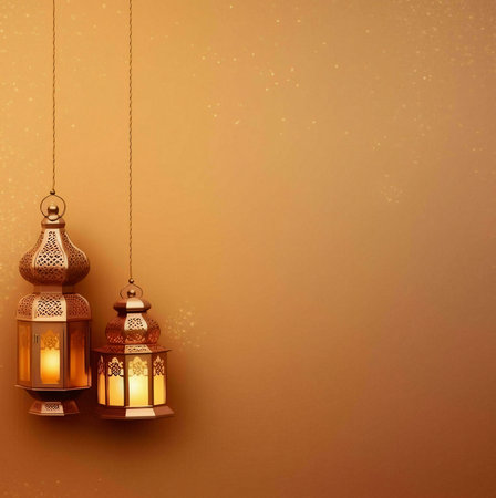 Two golden lanterns hanging against a warm golden background with sparkles