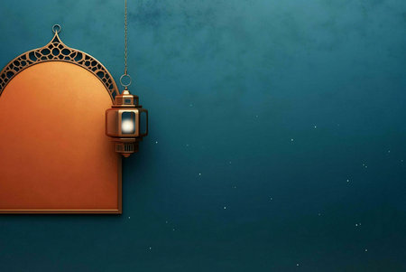 A golden lantern with details intricately hangs from a chain against a teal background, creating a...
