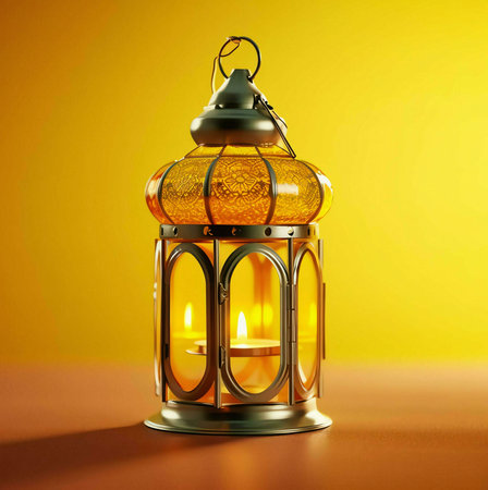 A traditional ornate lantern with a candle inside, casting a warm glow. The lantern is beautifully...