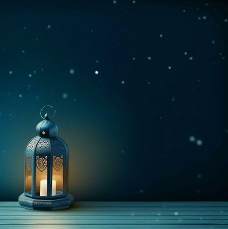 A close-up of a glowing lantern, with intricate details and a candle inside, placed on a wooden surface against a dark blue night sky sprinkled with glittering stars.の写真素材