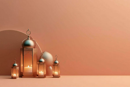 A group of four golden lanterns with lit candles stand on a peach background. The lanterns are...