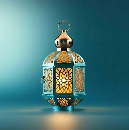 A close-up of an ornate lantern with intricate designs and a warm glow emanating from within, set...