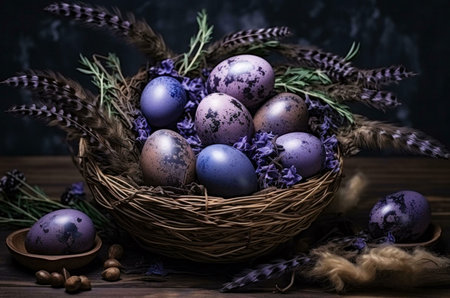 Purple Easter eggs nestled in a rustic bird's nest, adorned with feathers and flowers. A dark and romantic spring scene.の写真素材