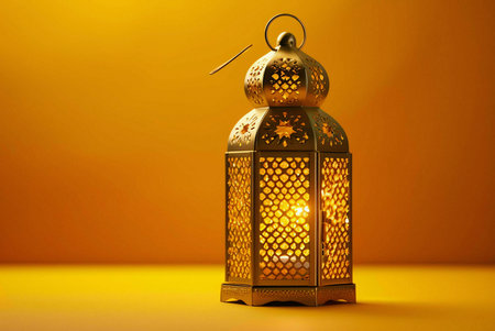A golden Ramadan lantern with intricate patterns illuminated by a candle, standing on a yellow...