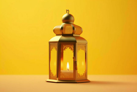 A golden lantern with intricate design, lit by a candle, against a yellow background.