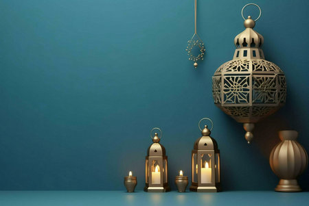 A collection of golden lanterns against a teal wall, with one hanging from the ceiling. They create...