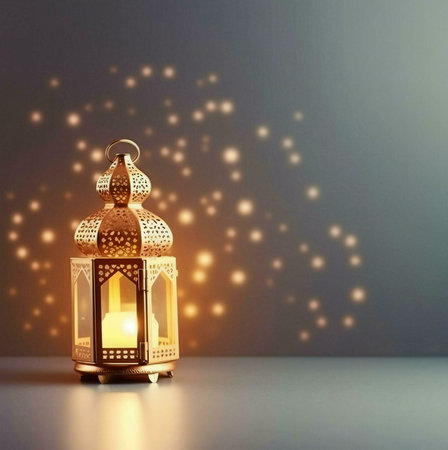 A golden Ramadan lantern with intricate design, glowing with warm light, against a dark background with sparkling lights.の写真素材