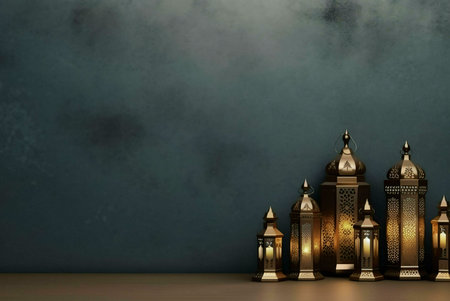 A row of intricately patterned gold lanterns illuminate a teal wall, creating a warm and inviting atmosphere. The lanterns are decorated with intricate designs and glow with warm candlelight.の写真素材