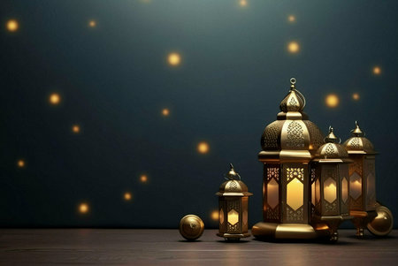 Golden lanterns with intricate designs, casting a warm glow on a dark background, creating a sense...