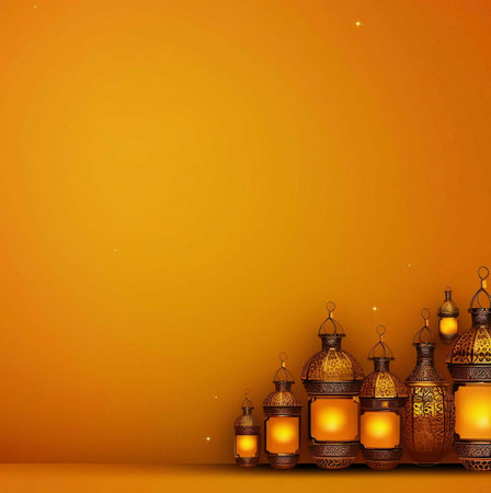 A row of ornate lanterns with glowing lights against a golden background, a perfect depiction of the...