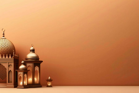 Three golden lanterns with intricate patterns and a mosque dome in front of a soft brown background. The image evokes the spirit of Ramadan and Islamic culture.の写真素材